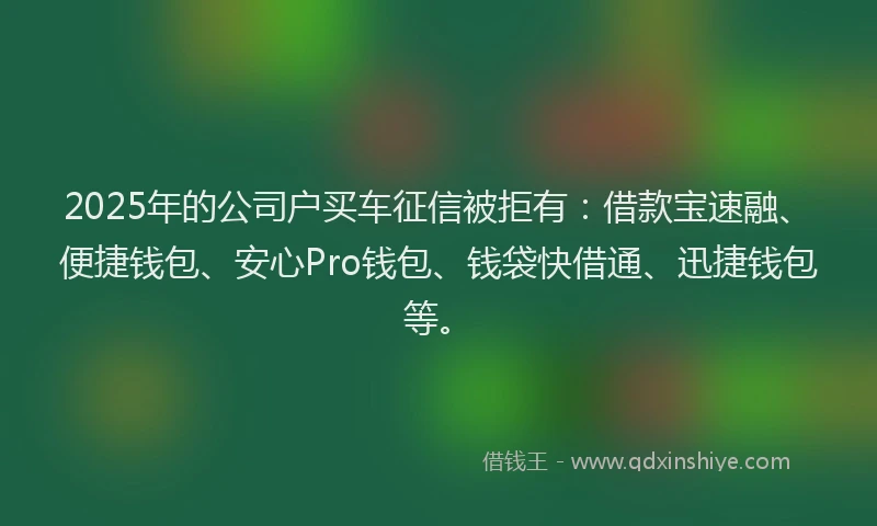 2025年的公司户买车征信被拒有：借款宝速融、便捷钱包、安心Pro钱包、钱袋快借通、迅捷钱包等。