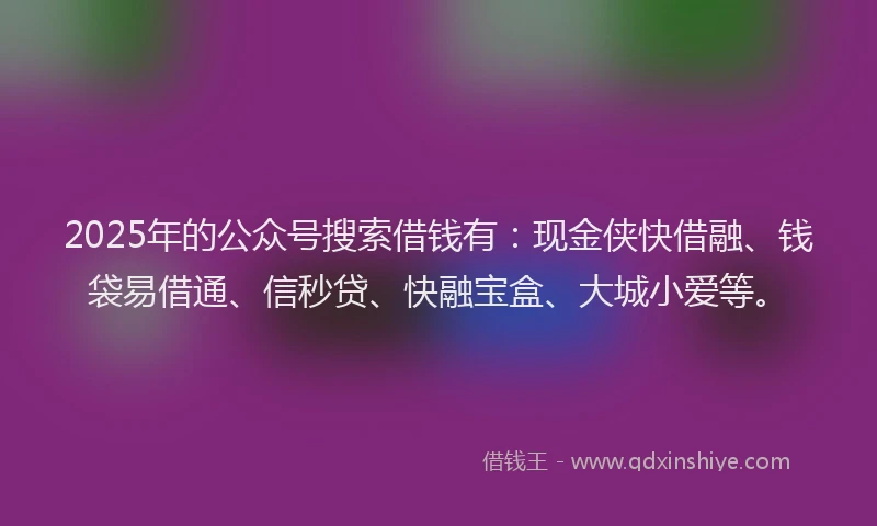 2025年的公众号搜索借钱有：现金侠快借融、钱袋易借通、信秒贷、快融宝盒、大城小爱等。