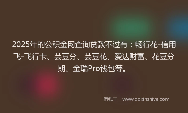 2025年的公积金网查询贷款不过有：畅行花-信用飞-飞行卡、芸豆分、芸豆花、爱达财富、花豆分期、金瑞Pro钱包等。