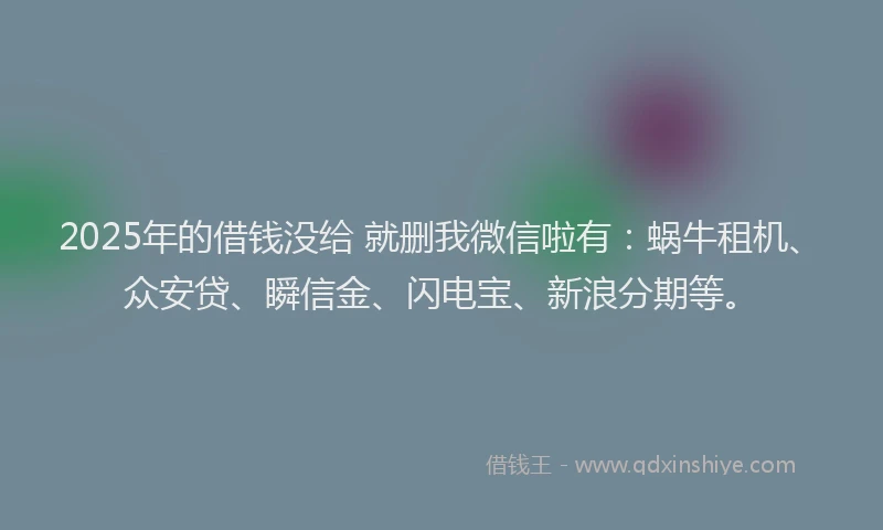 2025年的借钱没给 就删我微信啦有：蜗牛租机、众安贷、瞬信金、闪电宝、新浪分期等。