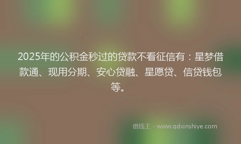 2025年的公积金秒过的贷款不看征信有：星梦借款通、现用分期、安心贷融、星愿贷、信贷钱包等。