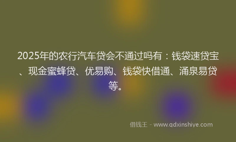 2025年的农行汽车贷会不通过吗有：钱袋速贷宝、现金蜜蜂贷、优易购、钱袋快借通、涌泉易贷等。