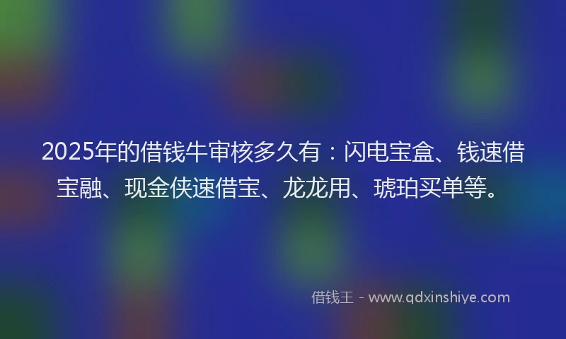2025年的借钱牛审核多久有：闪电宝盒、钱速借宝融、现金侠速借宝、龙龙用、琥珀买单等。