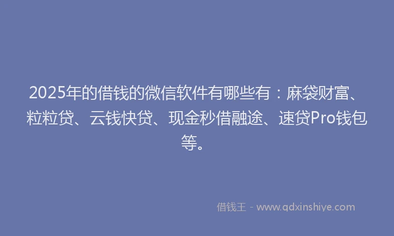 2025年的借钱的微信软件有哪些有：麻袋财富、粒粒贷、云钱快贷、现金秒借融途、速贷Pro钱包等。