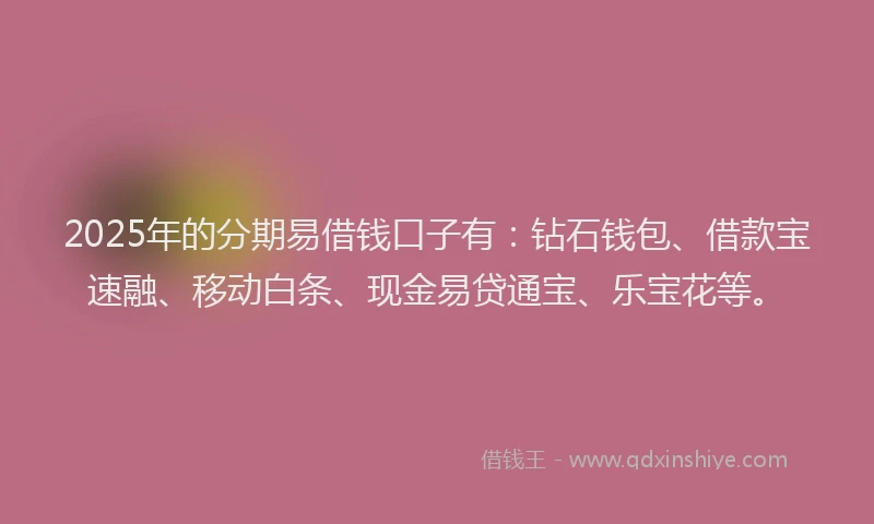 2025年的分期易借钱口子有：钻石钱包、借款宝速融、移动白条、现金易贷通宝、乐宝花等。