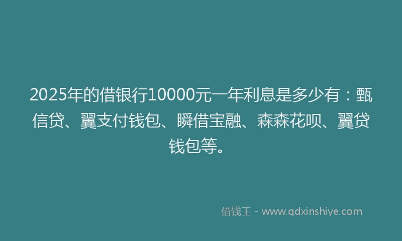 2025年的借银行10000元一年利息是多少有：甄信贷、翼支付钱包、瞬借宝融、森森花呗、翼贷钱包等。