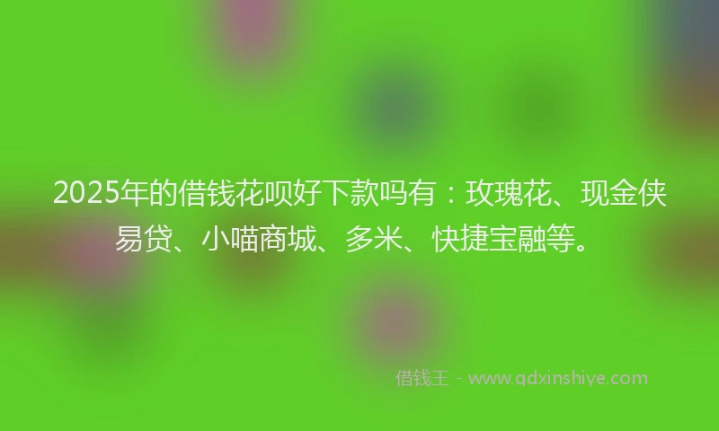 2025年的借钱花呗好下款吗有：玫瑰花、现金侠易贷、小喵商城、多米、快捷宝融等。