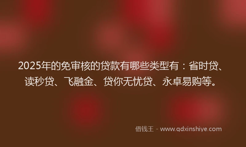 2025年的免审核的贷款有哪些类型有：省时贷、读秒贷、飞融金、贷你无忧贷、永卓易购等。