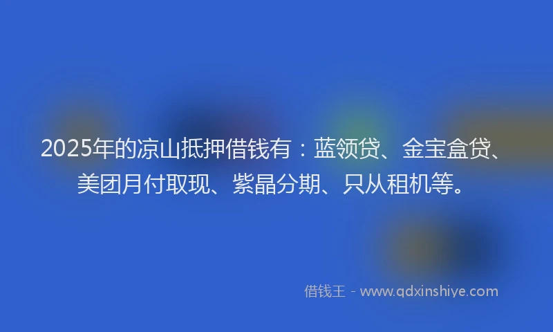 2025年的凉山抵押借钱有：蓝领贷、金宝盒贷、美团月付取现、紫晶分期、只从租机等。