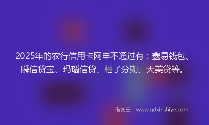 2025年的农行信用卡网申不通过有：鑫易钱包、瞬信贷宝、玛瑙信贷、柚子分期、天美贷等。