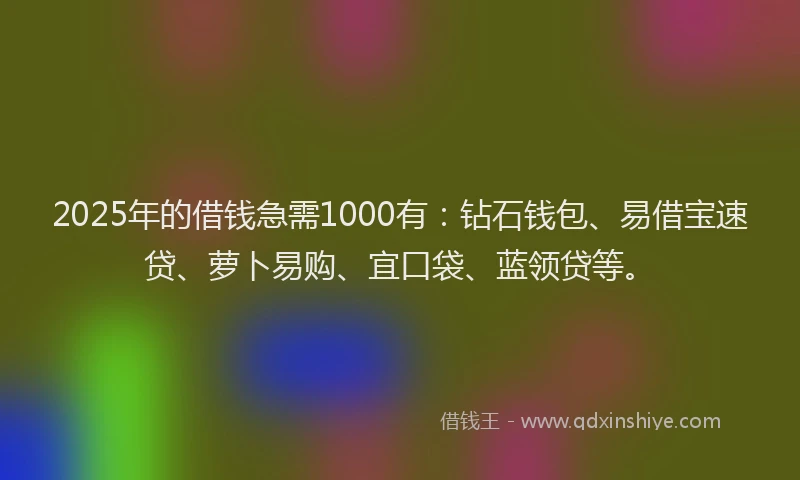 2025年的借钱急需1000有：钻石钱包、易借宝速贷、萝卜易购、宜口袋、蓝领贷等。