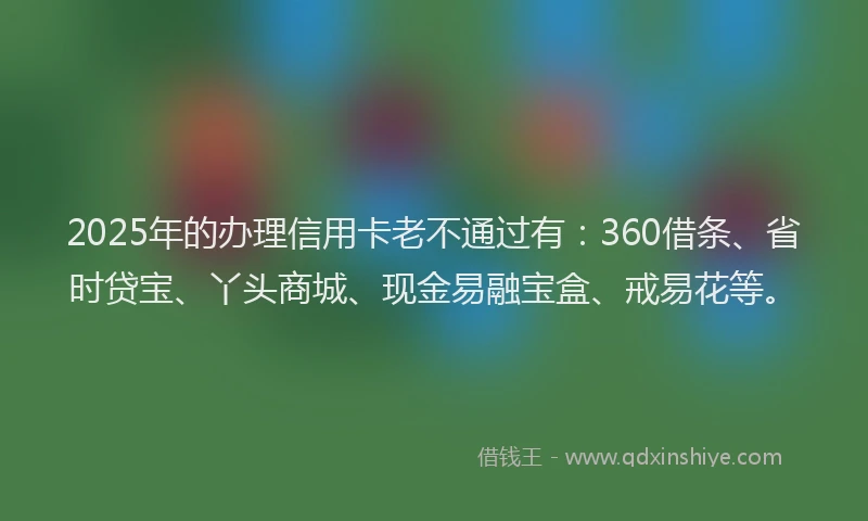 2025年的办理信用卡老不通过有：360借条、省时贷宝、丫头商城、现金易融宝盒、戒易花等。