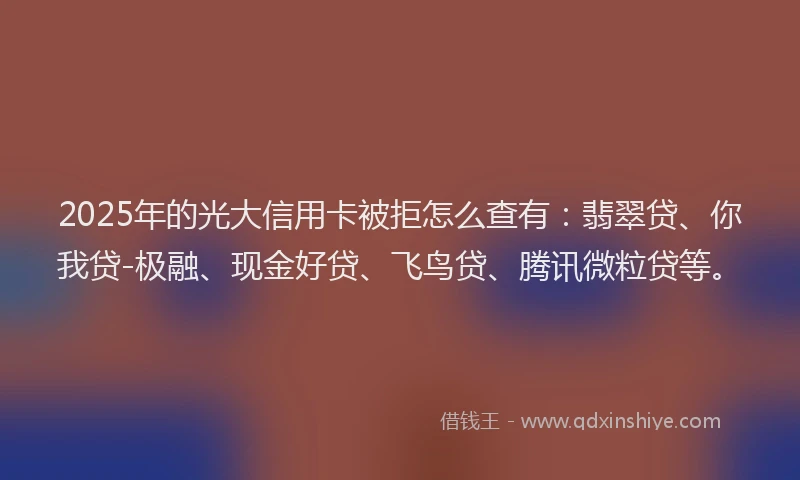 2025年的光大信用卡被拒怎么查有：翡翠贷、你我贷-极融、现金好贷、飞鸟贷、腾讯微粒贷等。
