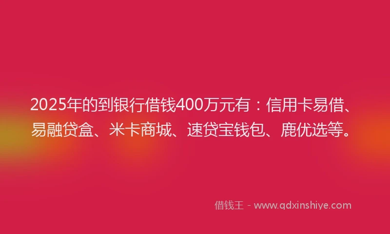 2025年的到银行借钱400万元有：信用卡易借、易融贷盒、米卡商城、速贷宝钱包、鹿优选等。