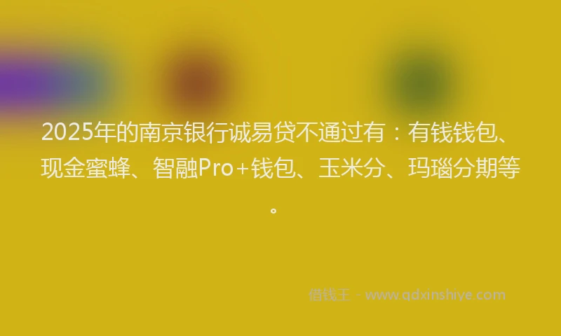 2025年的南京银行诚易贷不通过有：有钱钱包、现金蜜蜂、智融Pro+钱包、玉米分、玛瑙分期等。