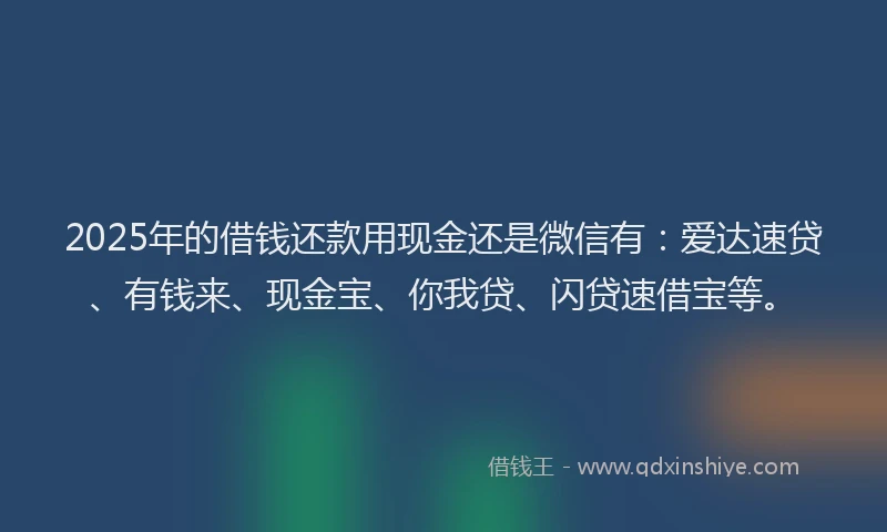 2025年的借钱还款用现金还是微信有：爱达速贷、有钱来、现金宝、你我贷、闪贷速借宝等。