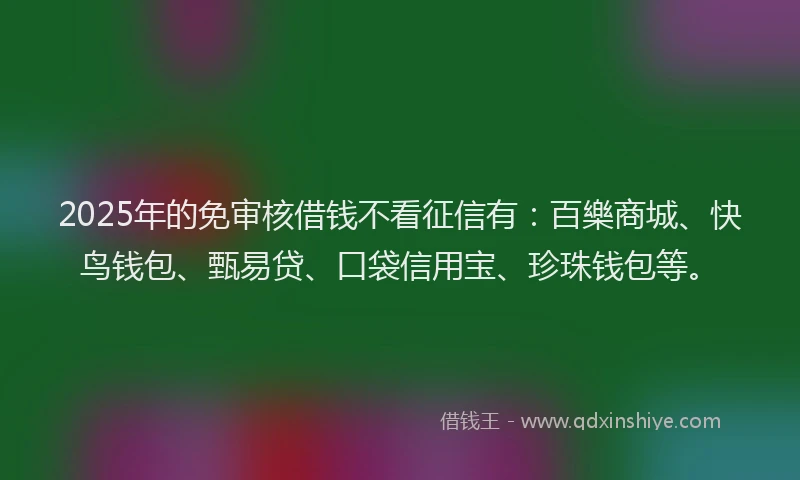 2025年的免审核借钱不看征信有：百樂商城、快鸟钱包、甄易贷、口袋信用宝、珍珠钱包等。