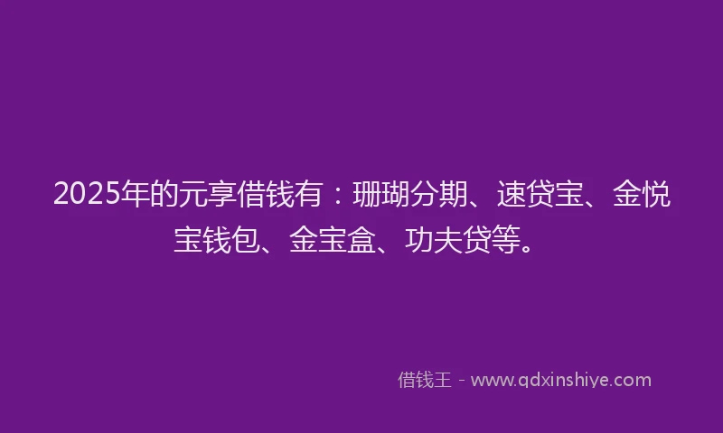 2025年的元享借钱有：珊瑚分期、速贷宝、金悦宝钱包、金宝盒、功夫贷等。