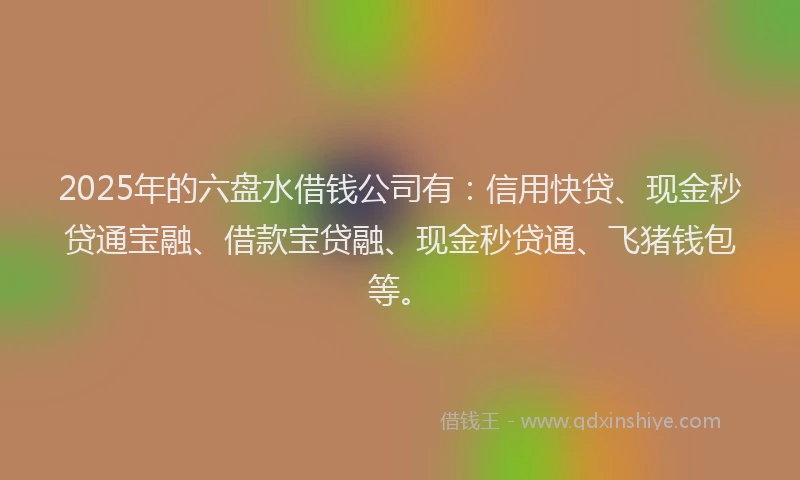 2025年的六盘水借钱公司有：信用快贷、现金秒贷通宝融、借款宝贷融、现金秒贷通、飞猪钱包等。