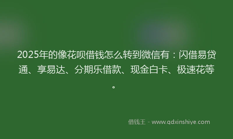 2025年的像花呗借钱怎么转到微信有：闪借易贷通、享易达、分期乐借款、现金白卡、极速花等。