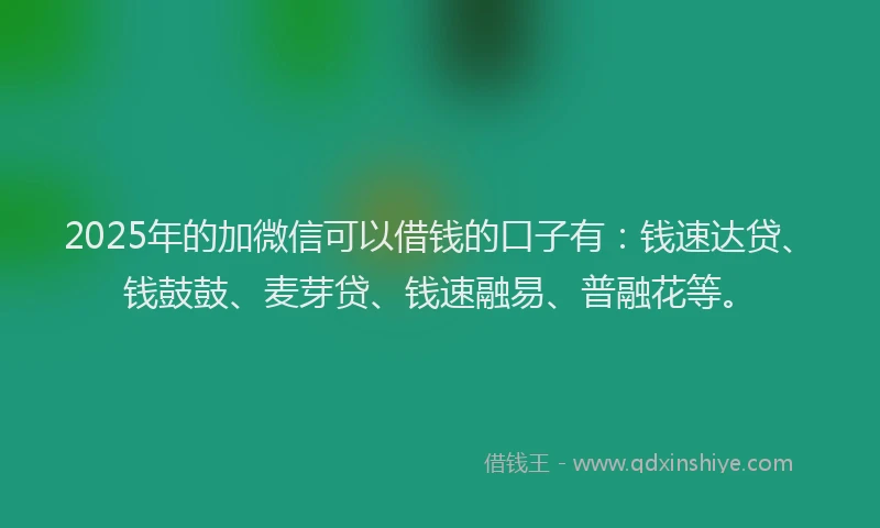 2025年的加微信可以借钱的口子有：钱速达贷、钱鼓鼓、麦芽贷、钱速融易、普融花等。