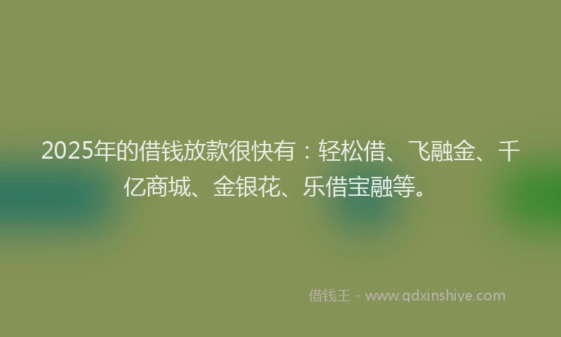 2025年的借钱放款很快有：轻松借、飞融金、千亿商城、金银花、乐借宝融等。