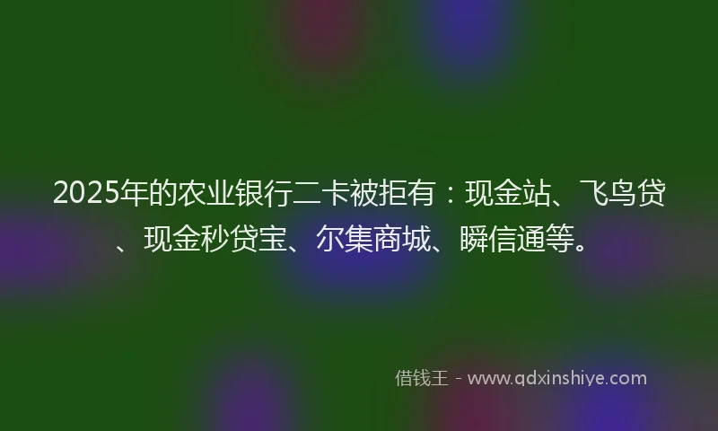 2025年的农业银行二卡被拒有：现金站、飞鸟贷、现金秒贷宝、尔集商城、瞬信通等。