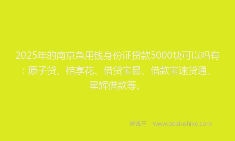 2025年的南京急用钱身份证贷款5000块可以吗有：原子贷、桔享花、借贷宝易、借款宝速贷通、星辉借款等。