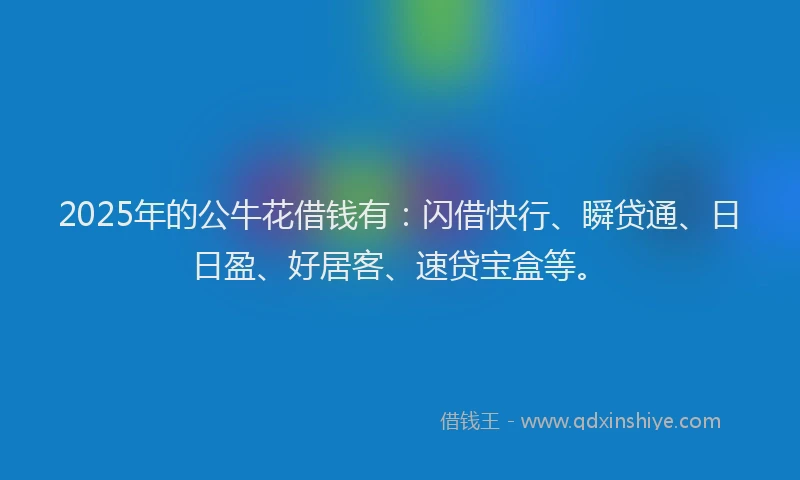 2025年的公牛花借钱有：闪借快行、瞬贷通、日日盈、好居客、速贷宝盒等。