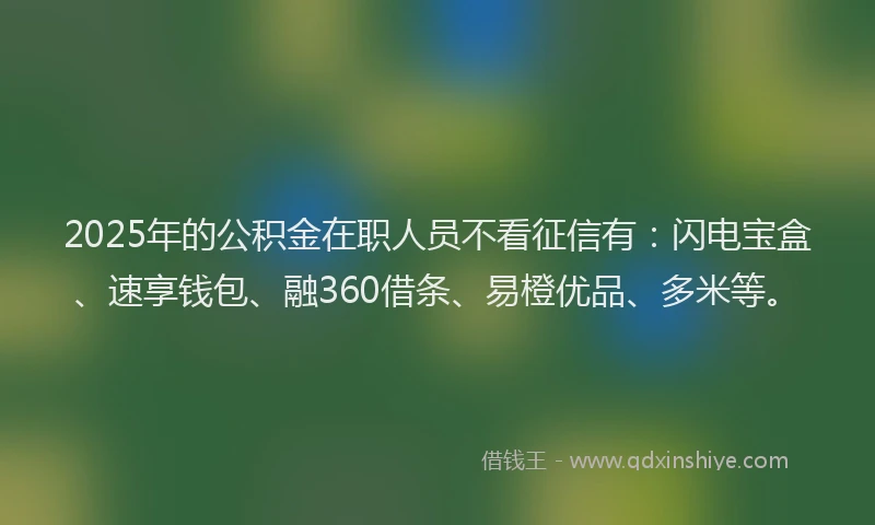 2025年的公积金在职人员不看征信有：闪电宝盒、速享钱包、融360借条、易橙优品、多米等。
