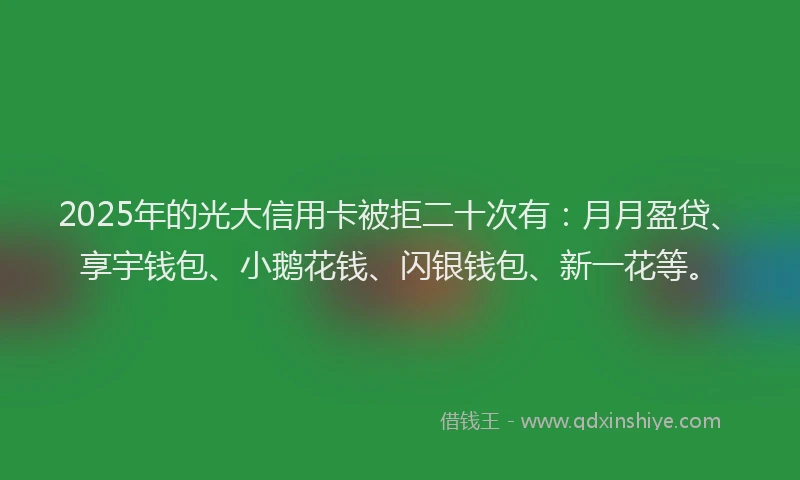 2025年的光大信用卡被拒二十次有：月月盈贷、享宇钱包、小鹅花钱、闪银钱包、新一花等。