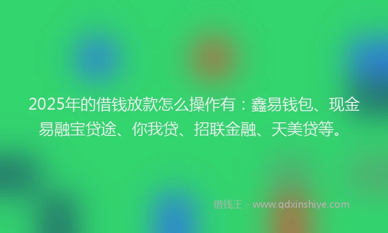 2025年的借钱放款怎么操作有：鑫易钱包、现金易融宝贷途、你我贷、招联金融、天美贷等。