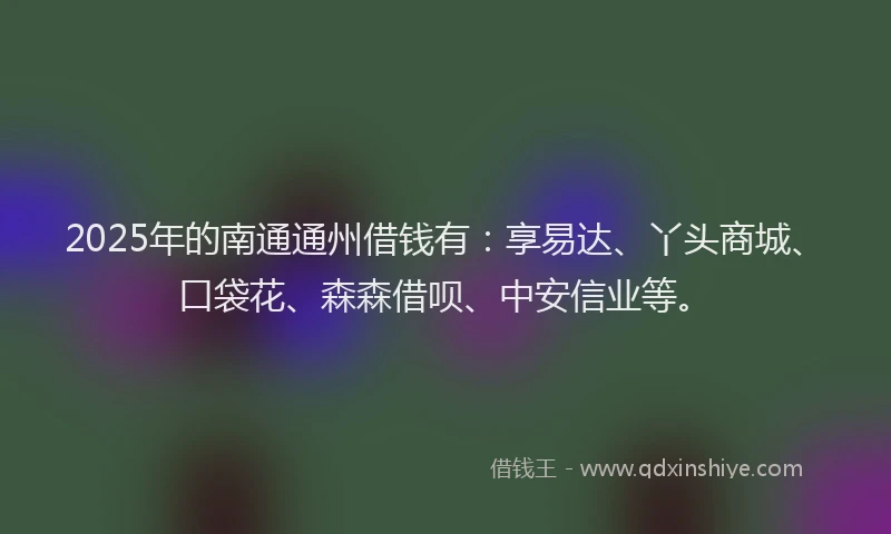 2025年的南通通州借钱有：享易达、丫头商城、口袋花、森森借呗、中安信业等。