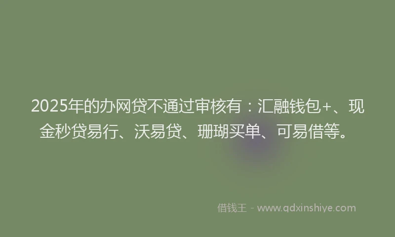 2025年的办网贷不通过审核有：汇融钱包+、现金秒贷易行、沃易贷、珊瑚买单、可易借等。