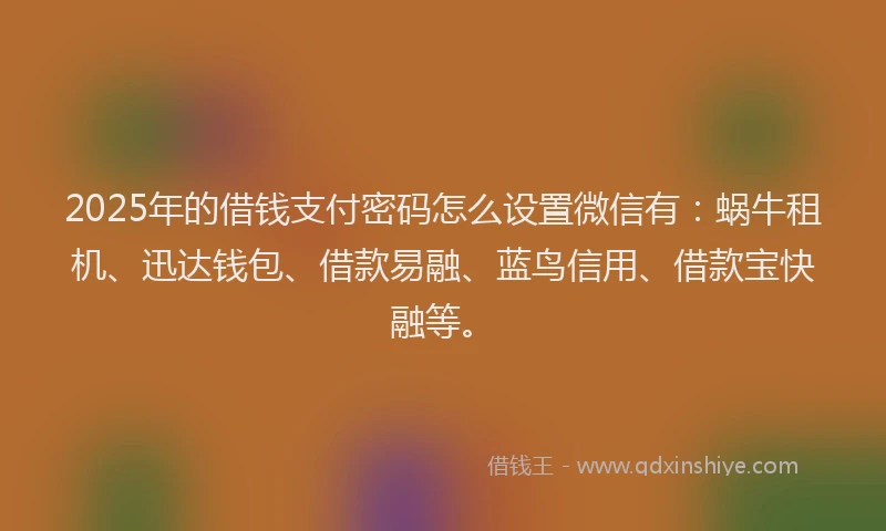 2025年的借钱支付密码怎么设置微信有：蜗牛租机、迅达钱包、借款易融、蓝鸟信用、借款宝快融等。