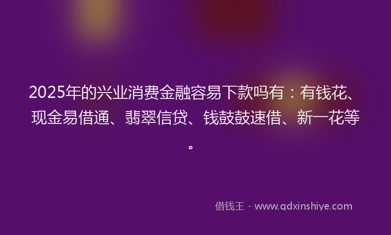 2025年的兴业消费金融容易下款吗有：有钱花、现金易借通、翡翠信贷、钱鼓鼓速借、新一花等。