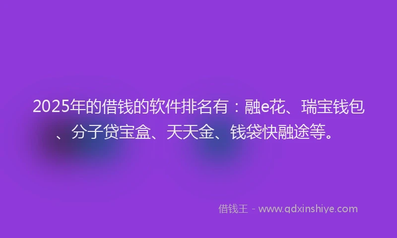 2025年的借钱的软件排名有：融e花、瑞宝钱包、分子贷宝盒、天天金、钱袋快融途等。