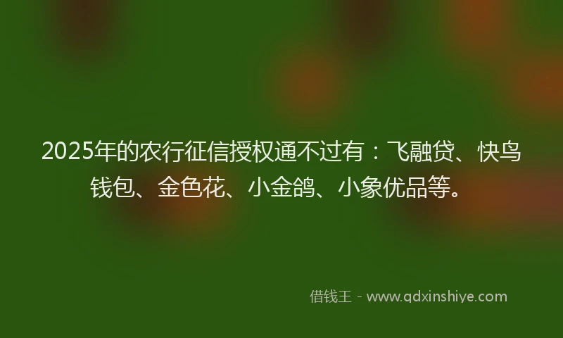 2025年的农行征信授权通不过有：飞融贷、快鸟钱包、金色花、小金鸽、小象优品等。