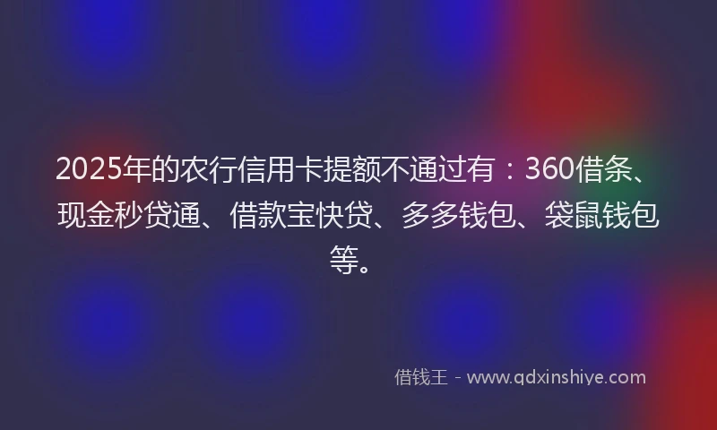 2025年的农行信用卡提额不通过有：360借条、现金秒贷通、借款宝快贷、多多钱包、袋鼠钱包等。