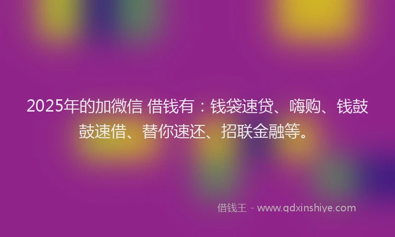 2025年的加微信 借钱有：钱袋速贷、嗨购、钱鼓鼓速借、替你速还、招联金融等。