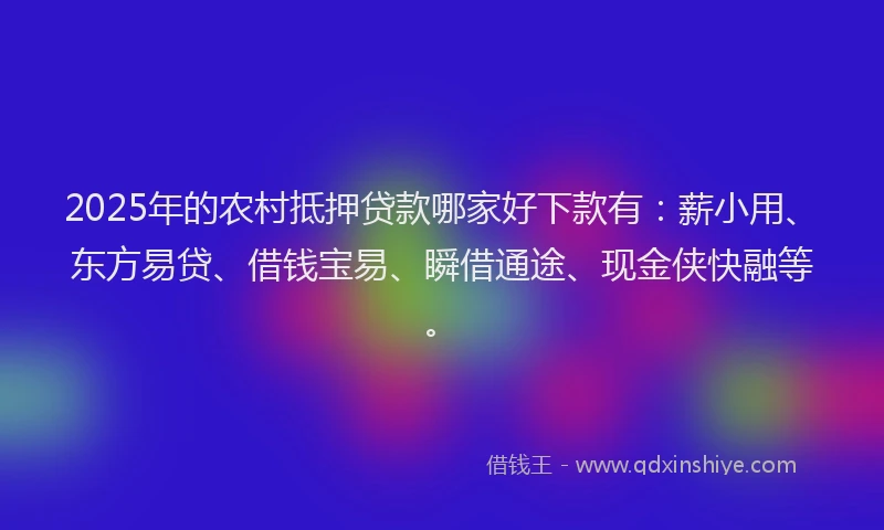2025年的农村抵押贷款哪家好下款有：薪小用、东方易贷、借钱宝易、瞬借通途、现金侠快融等。