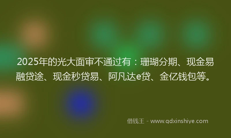 2025年的光大面审不通过有：珊瑚分期、现金易融贷途、现金秒贷易、阿凡达e贷、金亿钱包等。