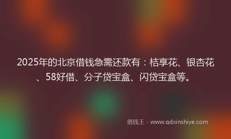 2025年的北京借钱急需还款有：桔享花、银杏花、58好借、分子贷宝盒、闪贷宝盒等。