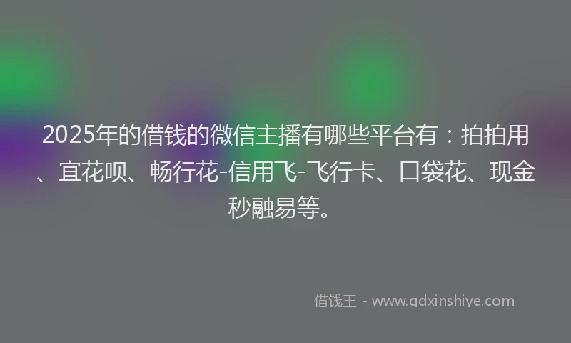 2025年的借钱的微信主播有哪些平台有：拍拍用、宜花呗、畅行花-信用飞-飞行卡、口袋花、现金秒融易等。