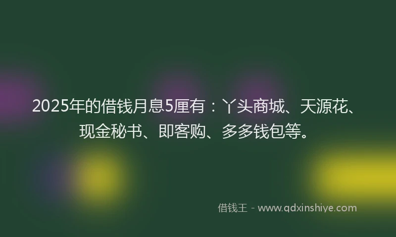 2025年的借钱月息5厘有：丫头商城、天源花、现金秘书、即客购、多多钱包等。