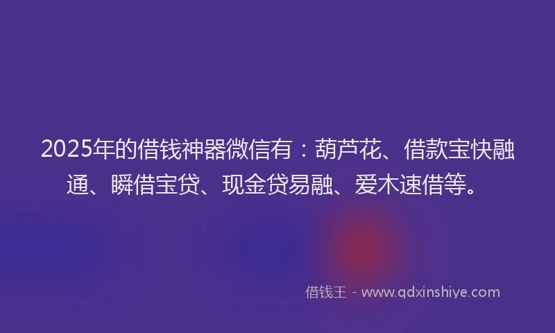 2025年的借钱神器微信有：葫芦花、借款宝快融通、瞬借宝贷、现金贷易融、爱木速借等。