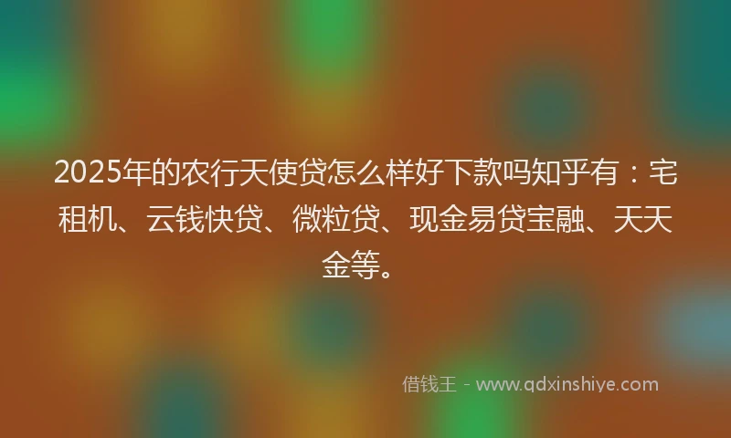 2025年的农行天使贷怎么样好下款吗知乎有：宅租机、云钱快贷、微粒贷、现金易贷宝融、天天金等。