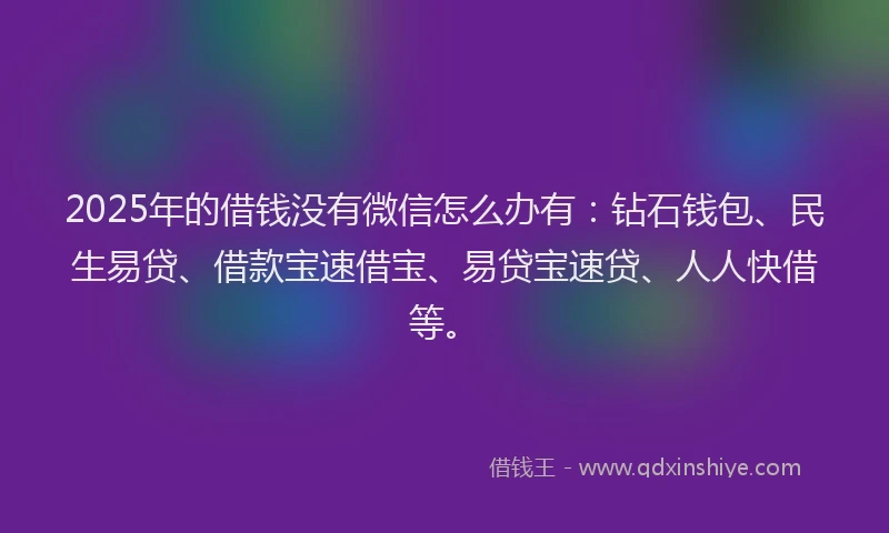 2025年的借钱没有微信怎么办有：钻石钱包、民生易贷、借款宝速借宝、易贷宝速贷、人人快借等。