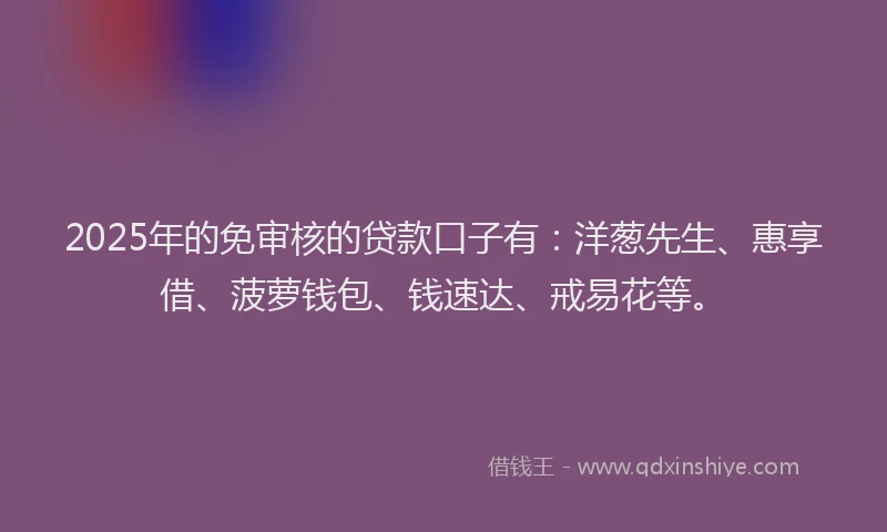 2025年的免审核的贷款口子有：洋葱先生、惠享借、菠萝钱包、钱速达、戒易花等。