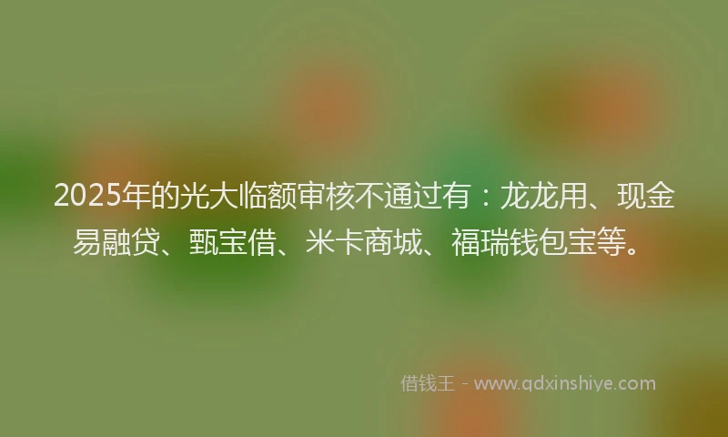 2025年的光大临额审核不通过有：龙龙用、现金易融贷、甄宝借、米卡商城、福瑞钱包宝等。